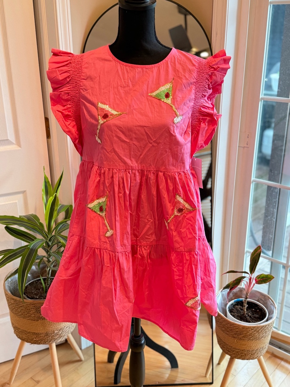Bright Pink Ruffled Tiered Dress with Embroidered Cocktail Motifs